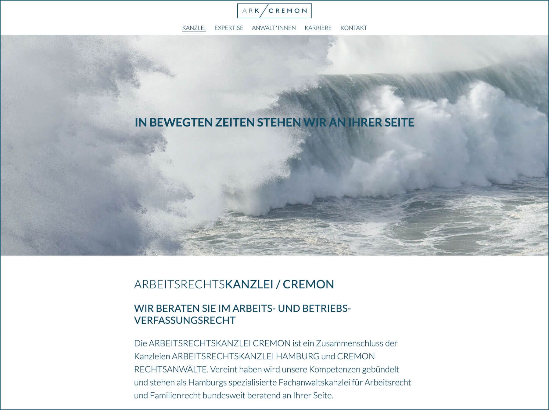 Website für Arbeitsrechtskanzlei Cremon in Hmaburg Startscreen – mit WordPress