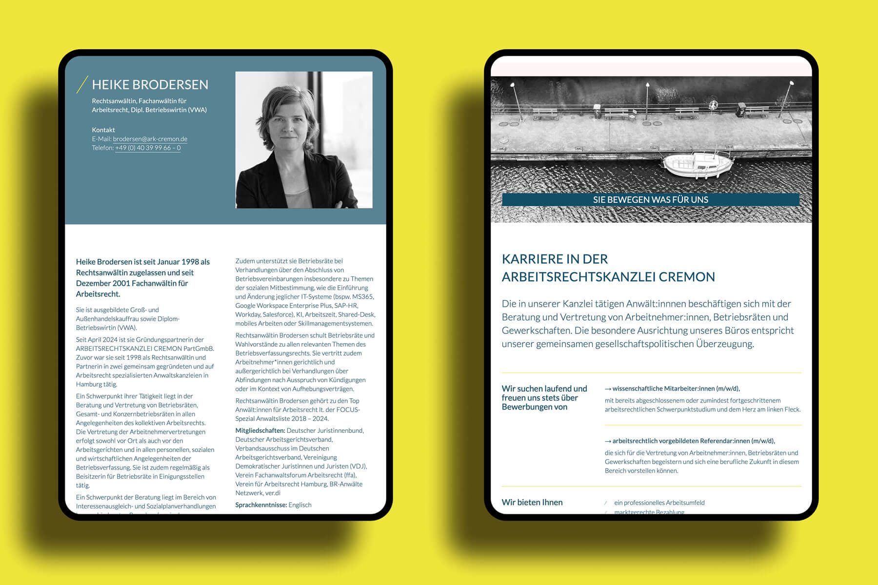 Website für Arbeitsrechtskanzlei Cremon in Hamburg Tablet-Ansicht