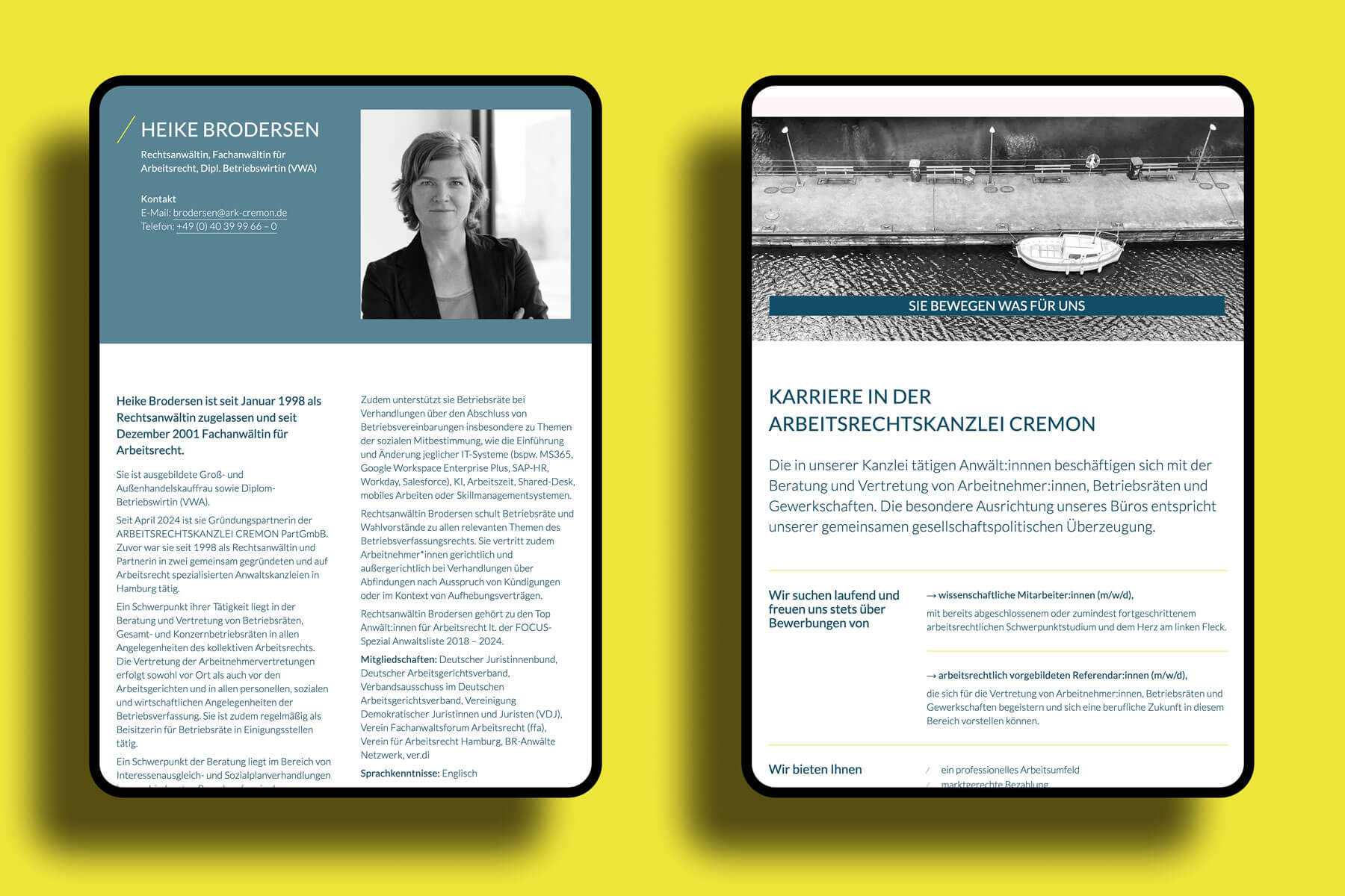 Website für Arbeitsrechtskanzlei Cremon in Hamburg Tablet-Ansicht